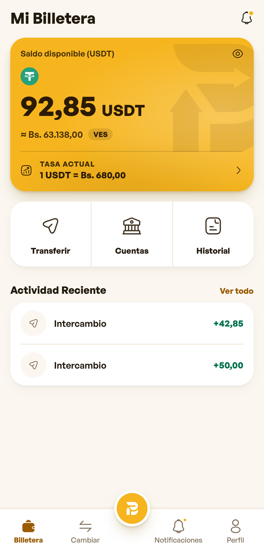 Billetera de la app Banpey: saldo en USDT con su equivalente en bolívares