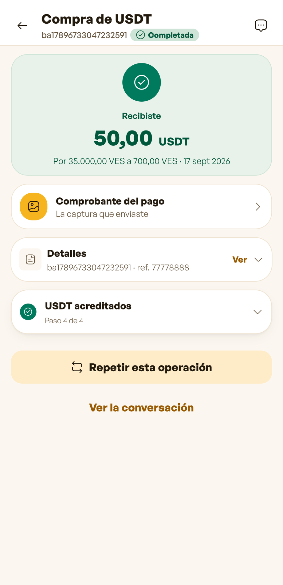 Orden completada en la app Banpey: recibiste 50 USDT